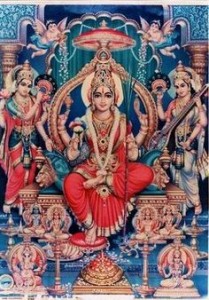Lalita Tripura Sundari seated over Brahma Vishnu Shiva Maheswara and Sadashiva